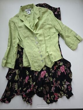 Stonebridge Signature Set-  Linen Button Front Top And Butterfly Floral Skirt